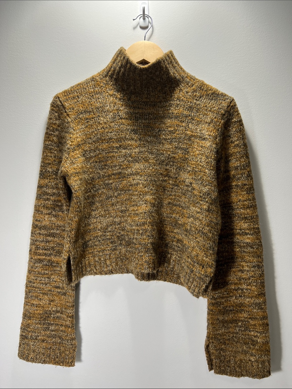 Zara Cropped Turtleneck Sweater in Mustard-Camel-Charcoal Marled Knit - Medium